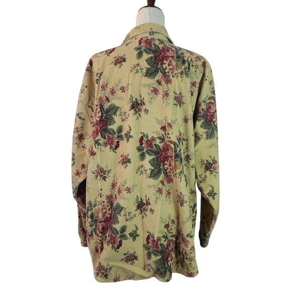 Eddie Bauer Cream Rose Green Floral Roses Vintage Corduroy Shirt Top Shacket XL - Picture 3 of 4